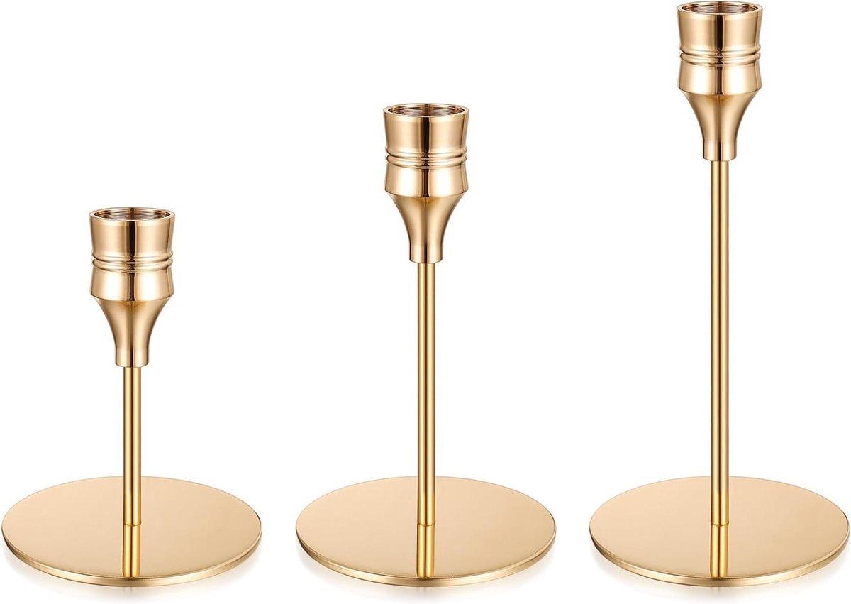 Gouden Kandelaars - Kaarsenhouders Set - Sfeervolle Decoratie - Drie Verschillende Hoogtes - Set van 3 - Goud