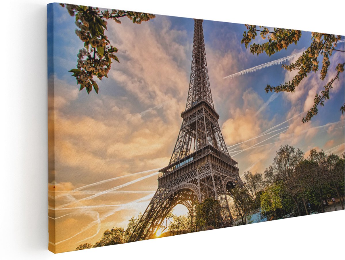 Artaza Canvas Schilderij Eiffeltoren In Parijs Tijdens Zonsondergang - 160x80 cm - Groot - Wanddecoratie Woonkamer - Schilderijen - Muurdecoratie