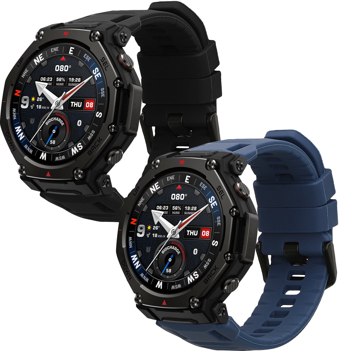 kwmobile 2x horlogebandjes geschikt voor Amazfit T-Rex3 Pro 44mm bandje - Smartwatch bandjes van TPU - Activity tracker horloge band in zwart / donkerblauw