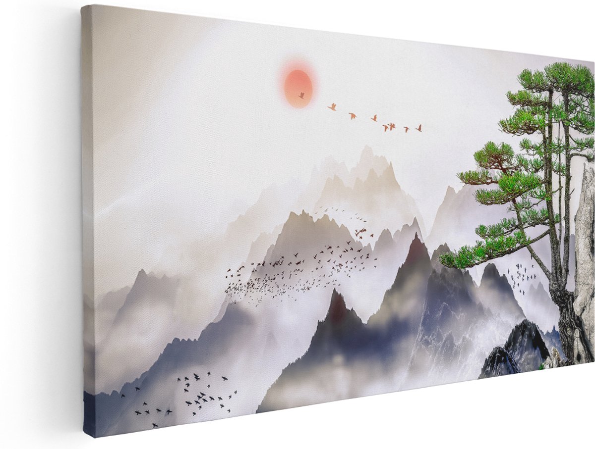 Artaza Canvas Schilderij Bergenlandschap Met Een Boom - Abstract - 160x80 cm - Groot - Wanddecoratie Woonkamer - Schilderijen - Muurdecoratie
