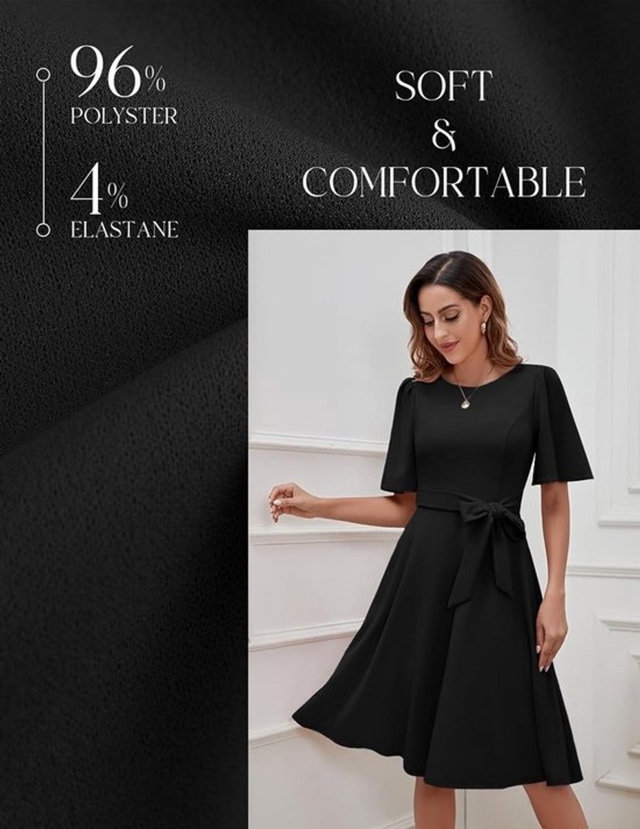 Elegante Midi-Avondjurk voor Dames met Korte Mouwen en Riem