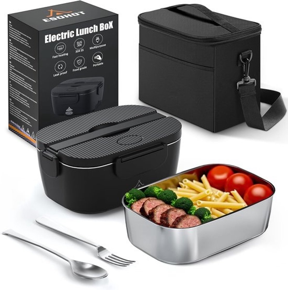 ESOHOT 120W Elektrische Lunchbox – Verwarmde Broodtrommel voor Auto (12V/24V) & Thuis (230V) – Snel Opwarmen – Lekvrije RVS Binnenbak – Ideaal voor Werk, Reizen en Kantoor (1,5L)