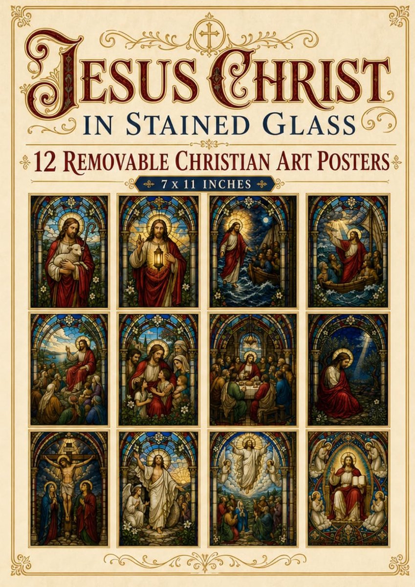 Jesus Christ in Stained Glass: 12 Removable Christian Art Posters Depicting the Life, Teachings, Passion, Resurrection - ShopVlot