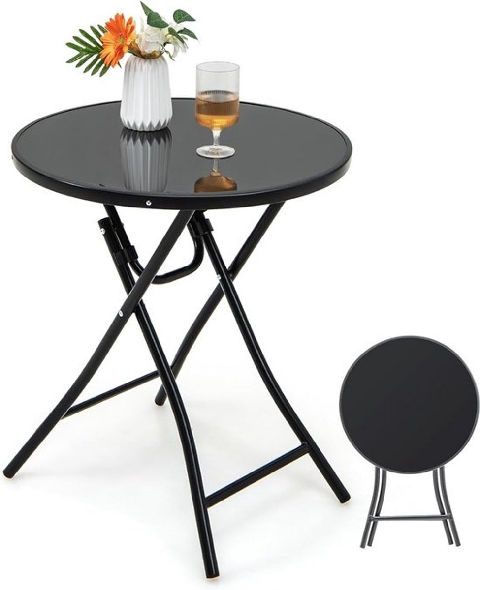 Ronde Opvouwbare Buiten- of Balkontafel met Glazen Tafelblad en Metalen Frame