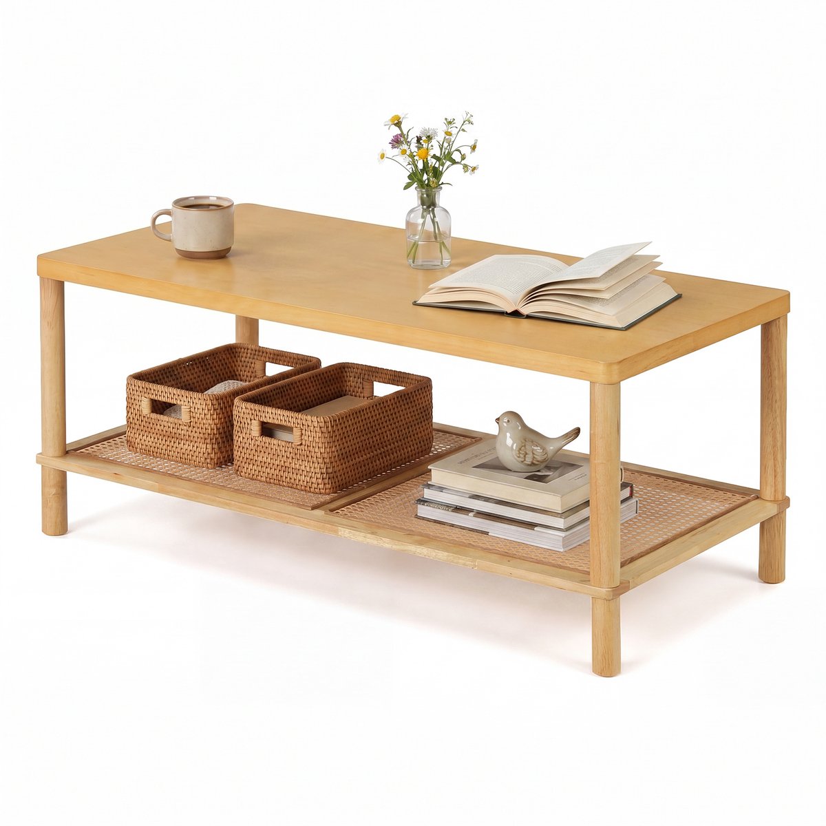 SureDeal® - Salontafel - Bijzettafel Hout Rechthoekige - Rattan Opbergruimte - Verstelbare Poten Kleine - 100x52x45 cm - Naturel