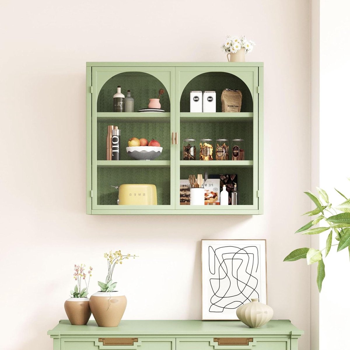Wandkast Keuken - Opbergkast Glas - Keuken Organiseren - Geweven Patroon - 70x23x60cm - Groen