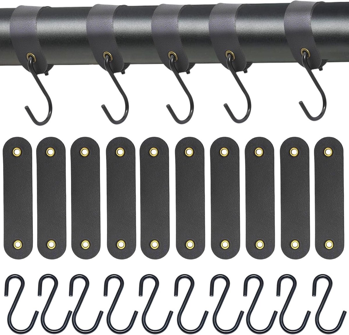 Set van 10 Zwarte S-Haakjes met Leren Lus, Multifunctionele Haakjes voor Kleding, Keuken, Badkamer en Slaapkamer