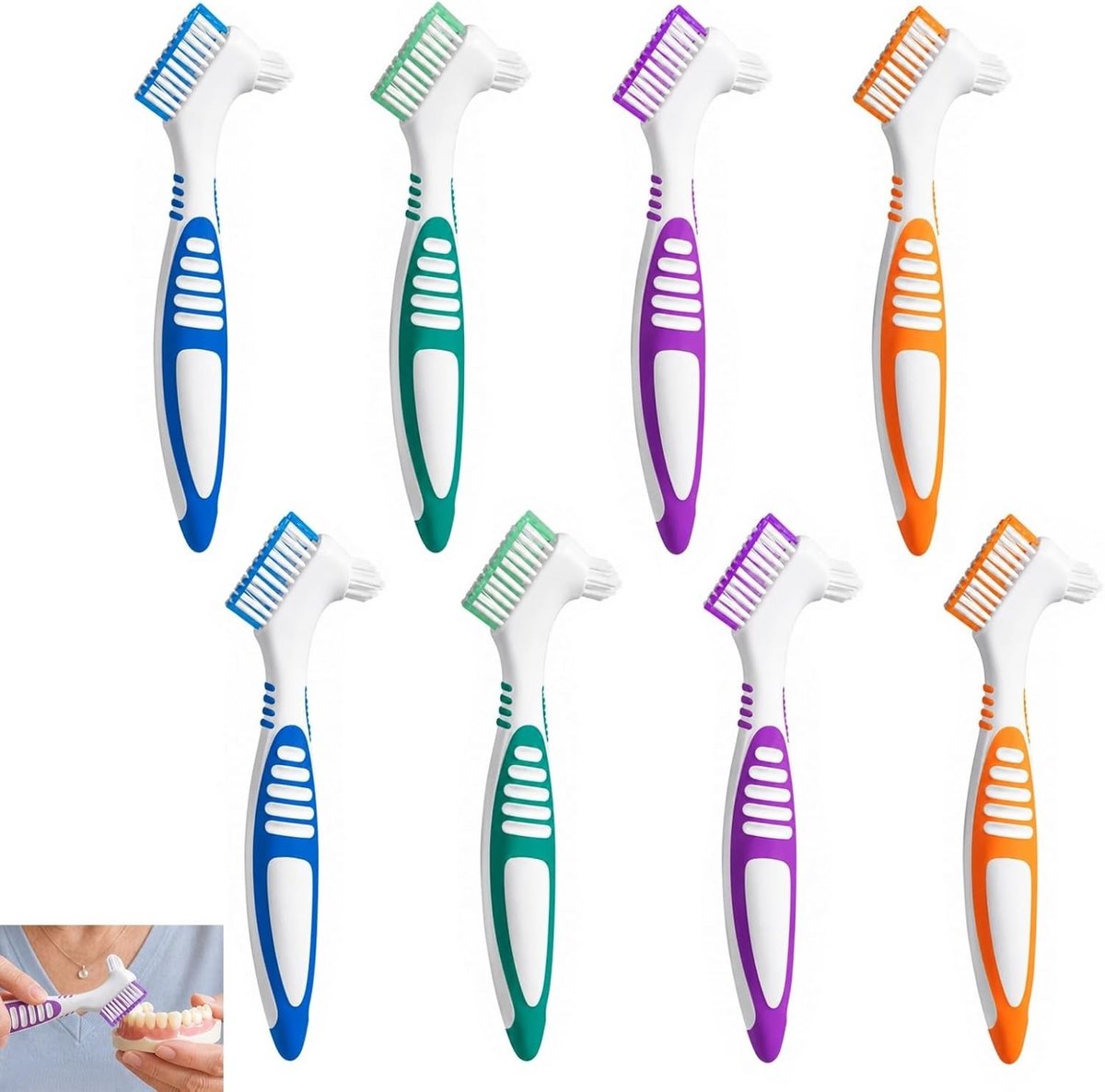 8-delige Dubbelzijdige Tandenborstel Set voor Tandprotheses, Ergonomische Handgreep en Multilayer Borstels voor Optimale Mondhygiëne