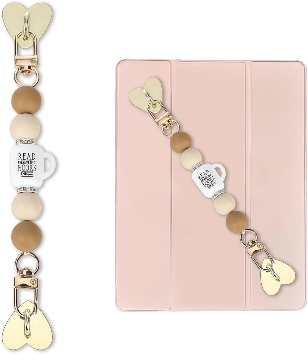 Siliconen Armband voor E-Reader met Telefoonketting en Charm, Universele Band voor Kindle 6-8 Inch, Boekliefhebber Cadeau, Roze-Wit, Handige Accessoire voor Lezers