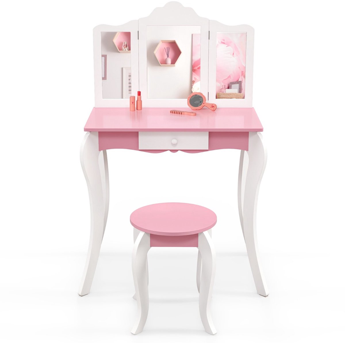 SureDeal® - Kaptafel - Kinderkaptafelset - Jaar - Delige Opvouwbare Acrylspiegel - Accessoires Kaptafelset - 66x42x100 cm - Wit