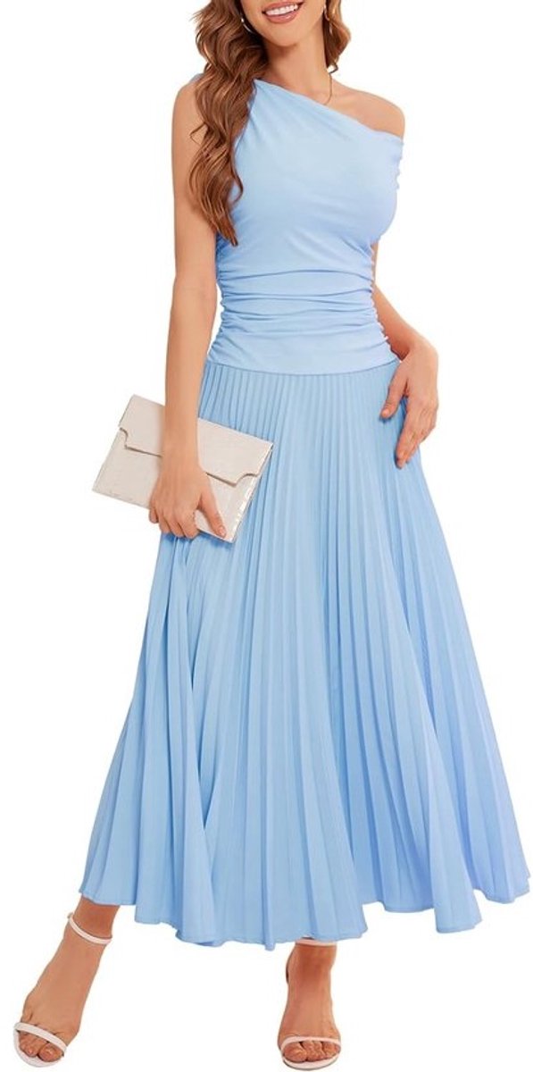 Elegante Maxi Jurk met Één Schouder en Plissé Decoratie voor Feest of Bruiloft