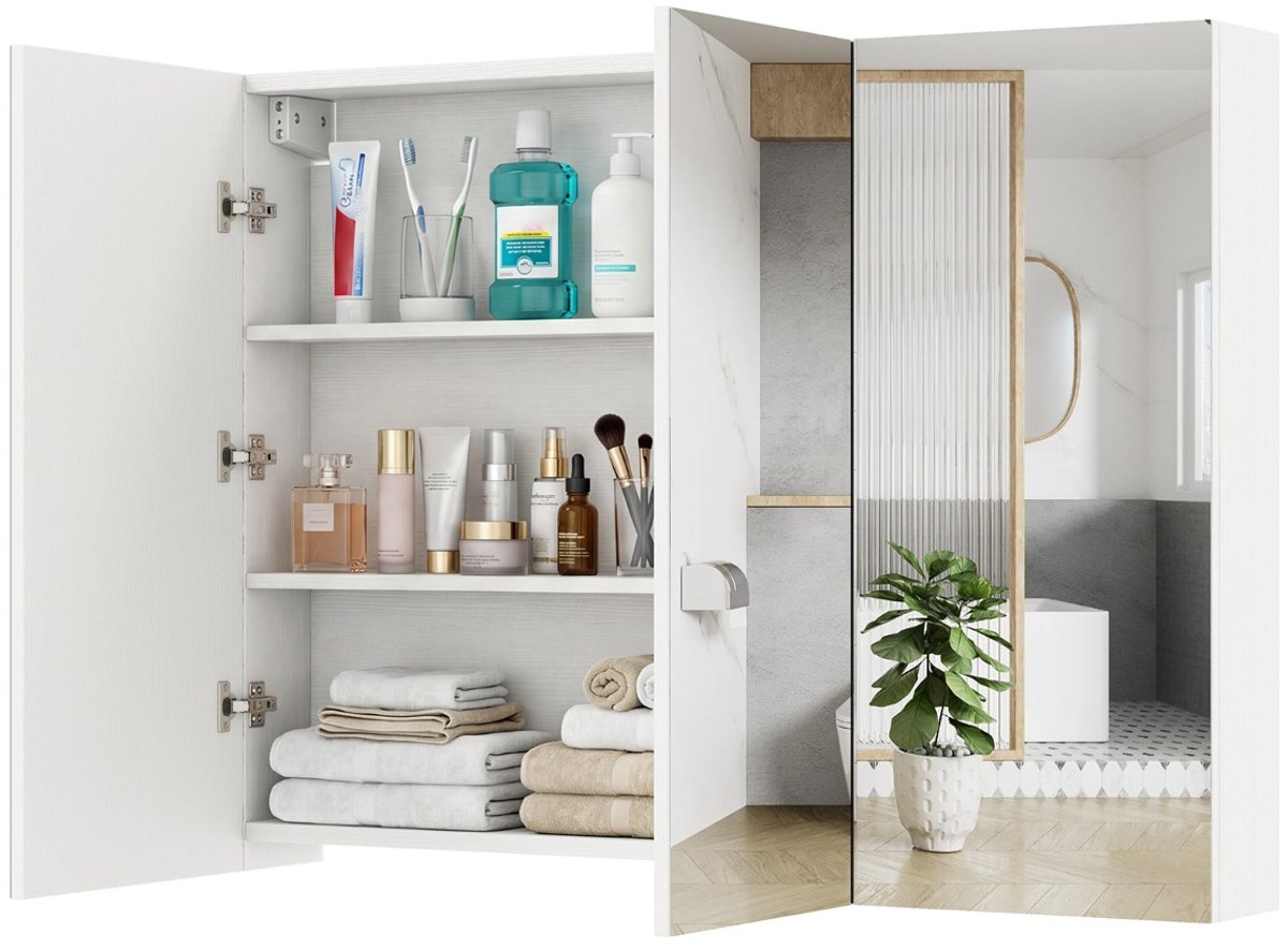 SureDeal® - Hangkast - Drie deurs Wandspiegelkast - 87x65x12,5 cm - Wit