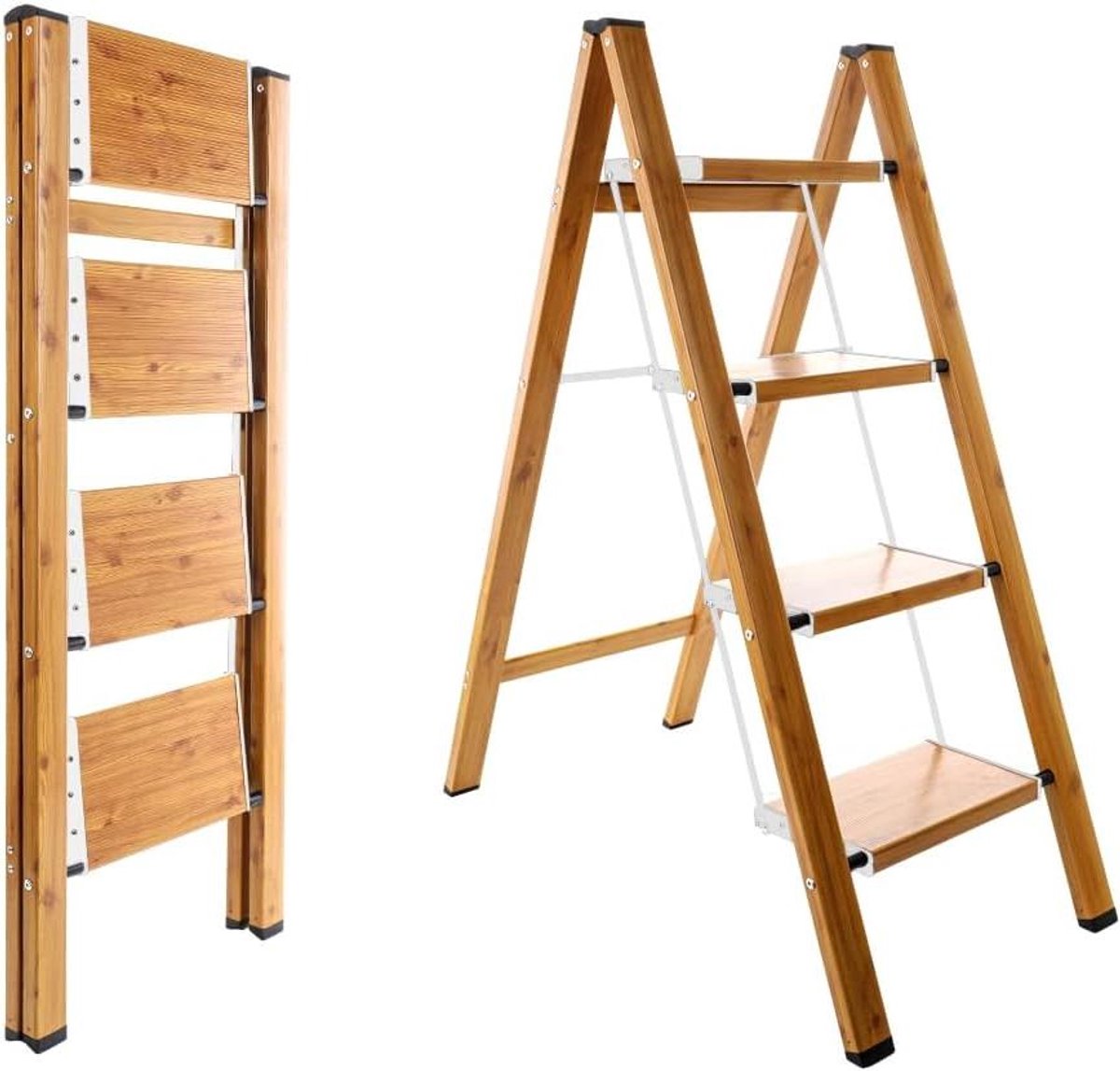 Opvouwbare ladder - Opstap kruk - Huishoudelijke taken - Lichtgewicht aluminium - 4 stappen - Wit houtnerf