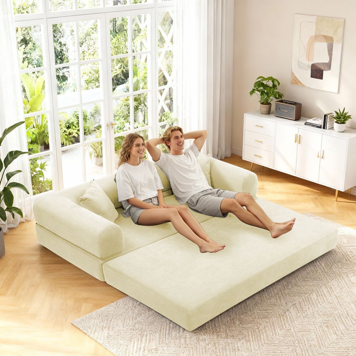 Uitklapbare slaapbank 3-in-1, 203 cm (80 inch) - Frameloze 3-zitsbank van ribfluweel (corduroy) met kussens en zijvakken - Chaise longue, logeerbed en vloerbank voor woonkamer - Beige