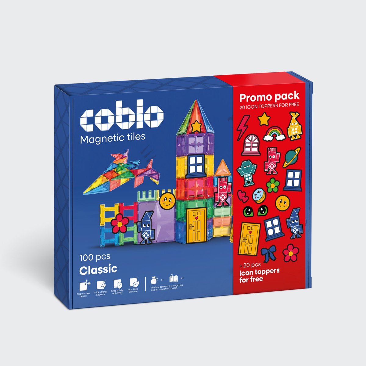Coblo - Promopack met 20 GRATIS Icoon Toppers – Magnetic Tiles - Classic 100 stuks & 20 GRATIS Icoon Toppers – Magnetische Tegels – Vanaf 3 jaar