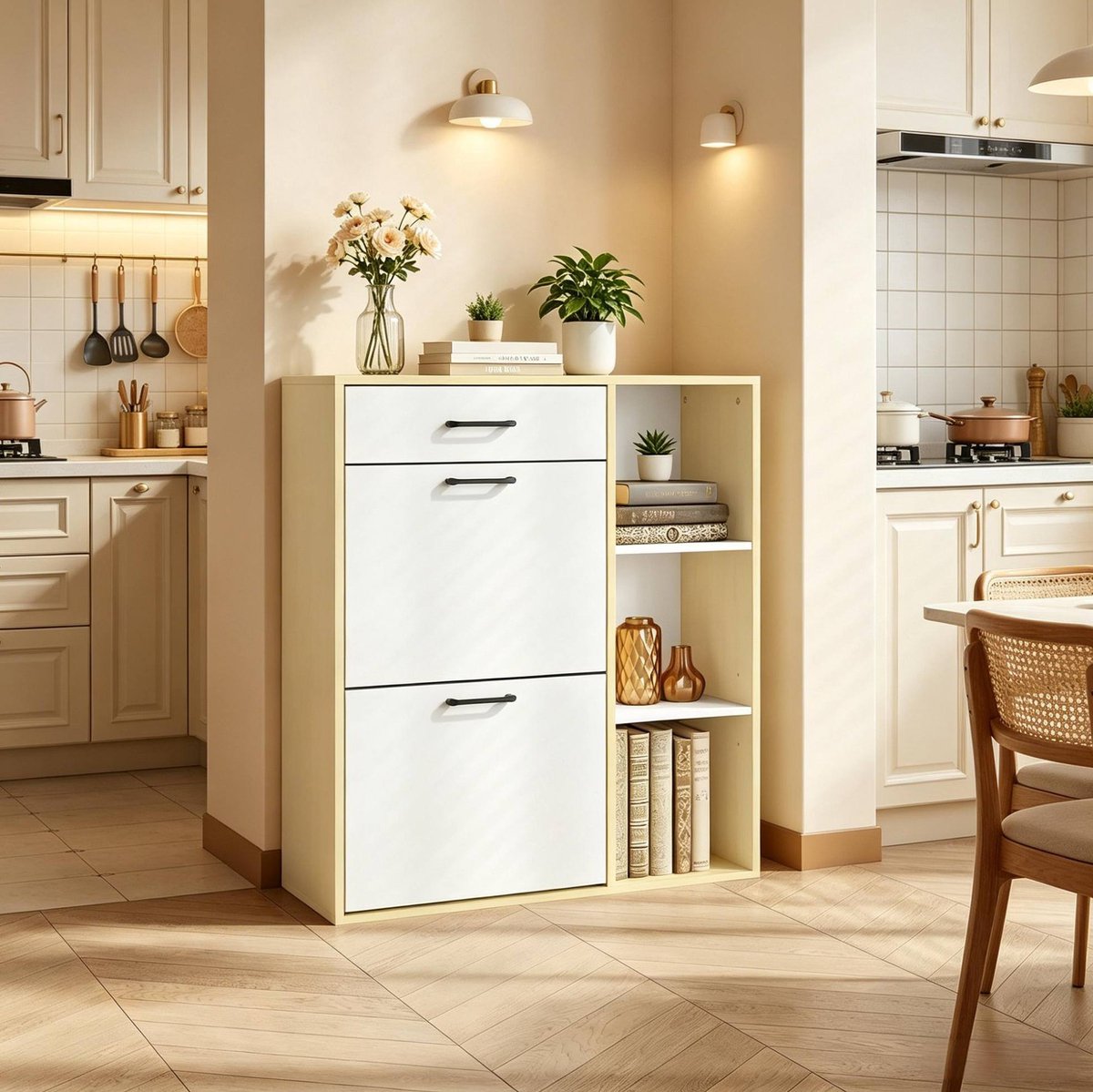 MODFU - Schoenenkast - 3-In-1 Met Lade En Kleppen - Modern - Wit - 80x90x30 Cm