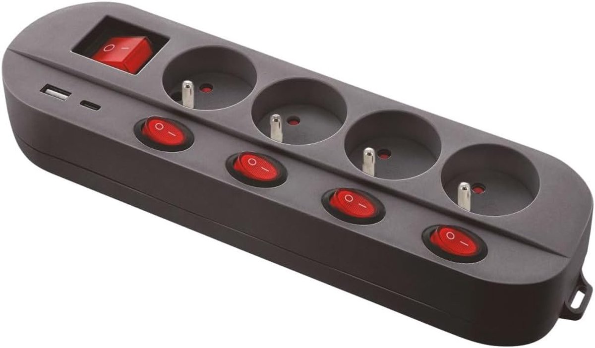 Stroomverdeler Zwart - Stekkerdoos met USB - Apparaten Laden - Individuele Schakelaars - 1.5 Meter Kabel - Zwart