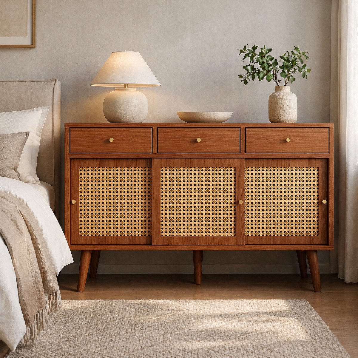 MEUNIQ Dressoir 120 x 40 x 78 cm met 3 lades, 3 schuifdeuren en verstelbare planken, walnootkleurig voor eetkamer of woonkamer