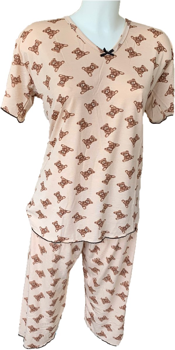 Dames Pyjamaset met Beertjes Patronen - Korte Mouwen Shirt en Driekwart Broek 70 cm - 95% Katoen en 5% Lycra/Elastaan - Kleur Beige - Maat M