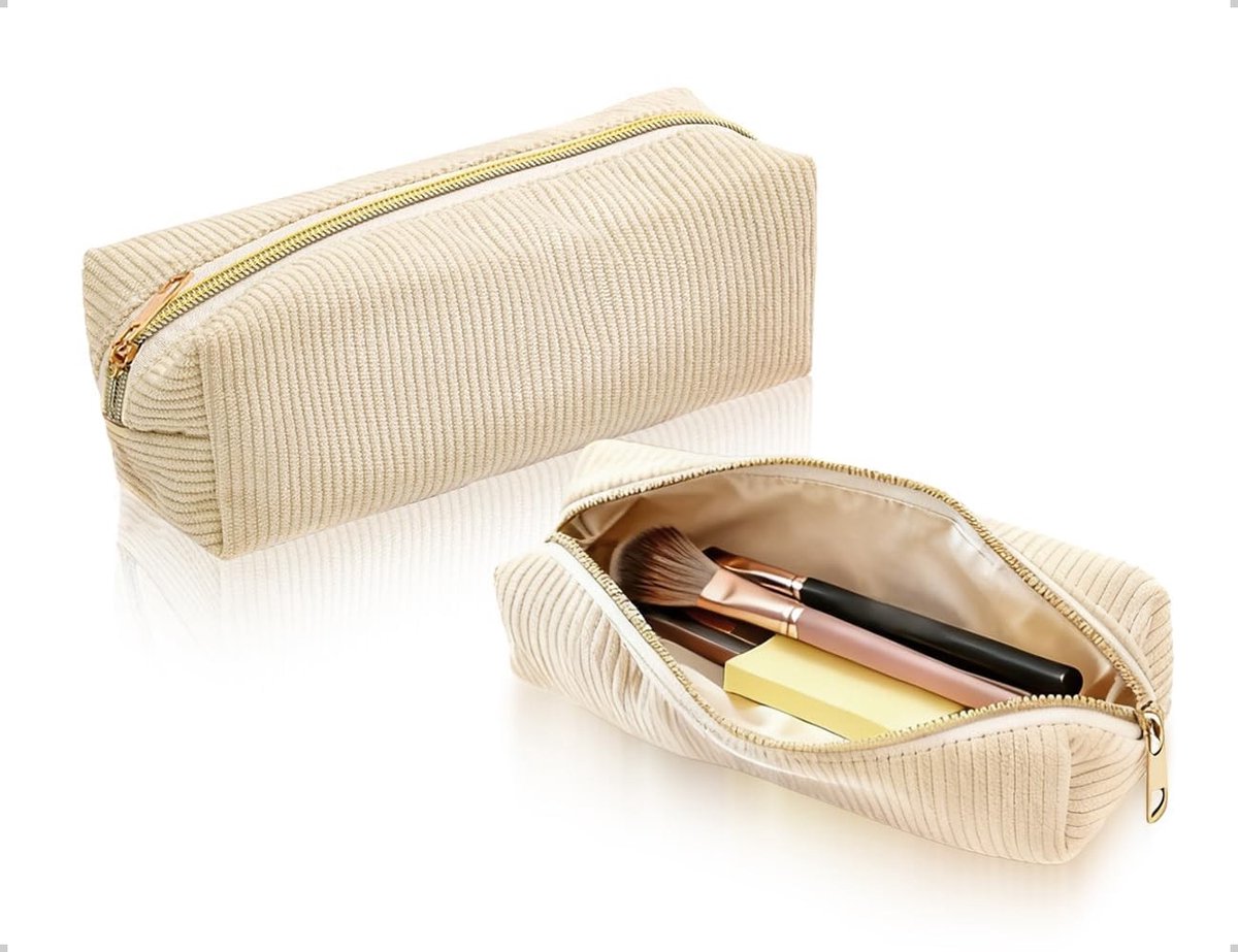 Draagbaar etui van geribbeld fluweel met ritssluiting voor cosmetica, gadgets en dagelijks gebruik (beige)