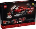 Boîte LEGO avec une voiture de course Ferrari F2004 rouge, un présentoir, une figurine de Michael Schumacher et des images du modèle.