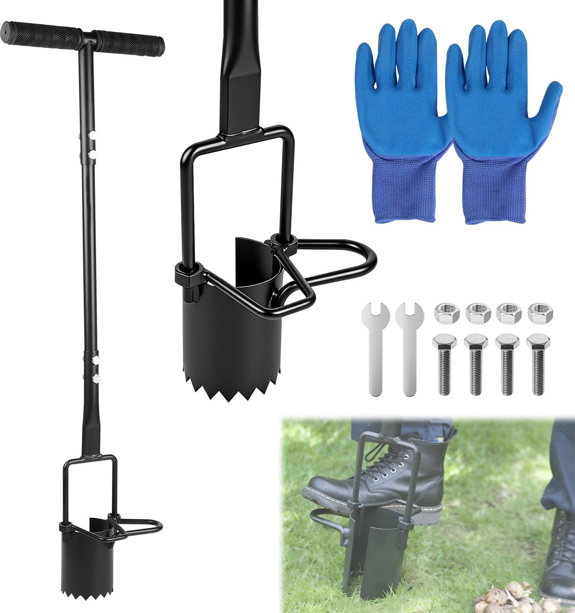 SnelShoppen - EXLECO Plantenhulp 94 cm met Handgreep, Tuingereedschap met Treeplank, Gekartelde Rand, Ideaal voor Graven en Tuinonderhoud, Zwart
