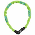 Lichtgroene ABUS kettingslot met blauwe ABUS logo's en een cijferslot.