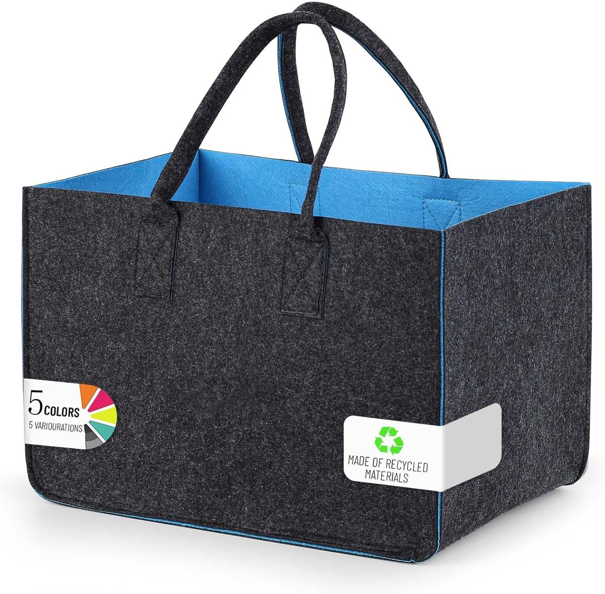 SnelShoppen - Shopping Basket met Handgreep, Felt Bag voor Haardhout, Outdoor Trips, Picknick en Winkelen, Donkergrijs - Blauw, 1 Stuk