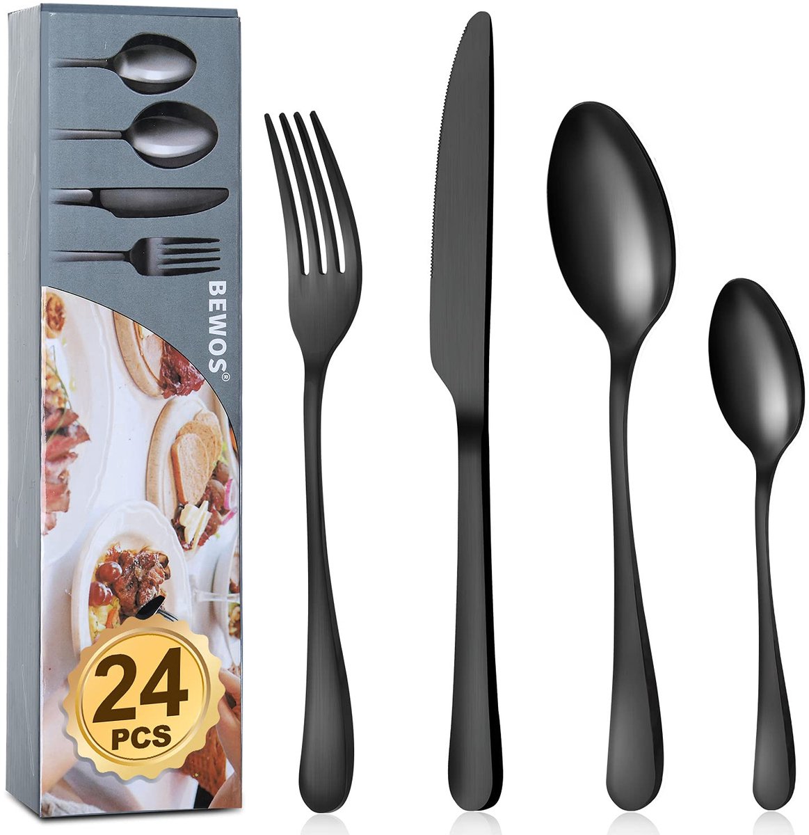 SnelShoppen - 24-delig Bestekset voor 6 Personen, Matte Zwart Rvs Bestek, Bestekset met Messen, Lepels en Vorken, Vaatwasserbestendig, Perfect voor Fe
