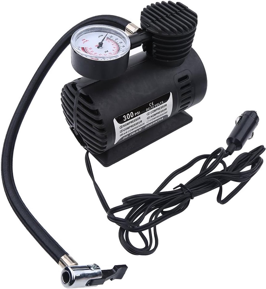SnelShoppen - Draagbare Mini Luchtcompressor Pomp 12V 300PSI - Ideaal voor Fietsen, Auto's, Motoren, Bouncy Pads en Sportballen - Compact 12 x 13.5 x