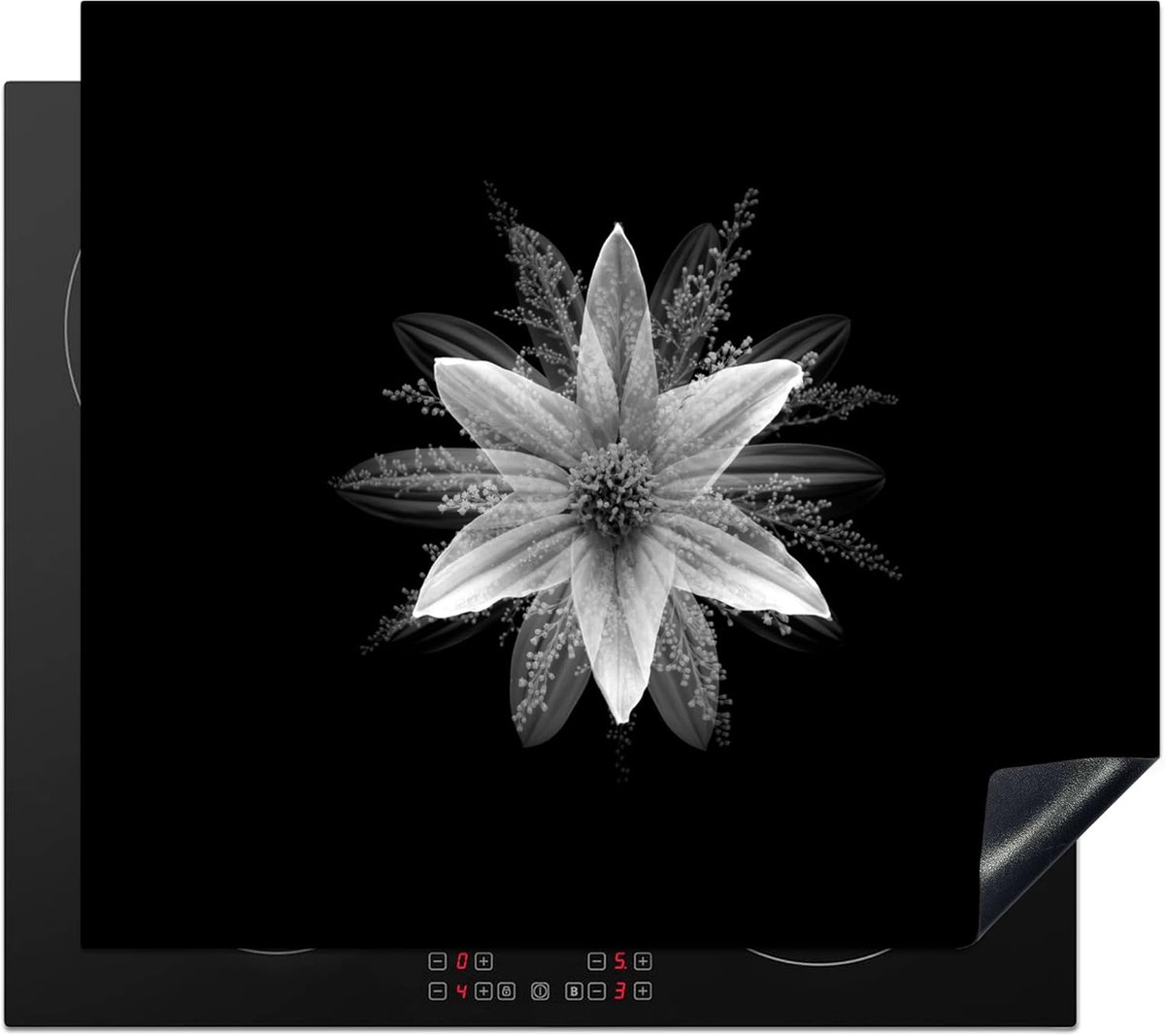 SnelShoppen - Inductie Beschermmat 60x52cm Keuken Decoratie - Antislip Mat met Unieke Bloemenprint - Zwart-Wit Botanisch - Hittebestendig en Krassen B