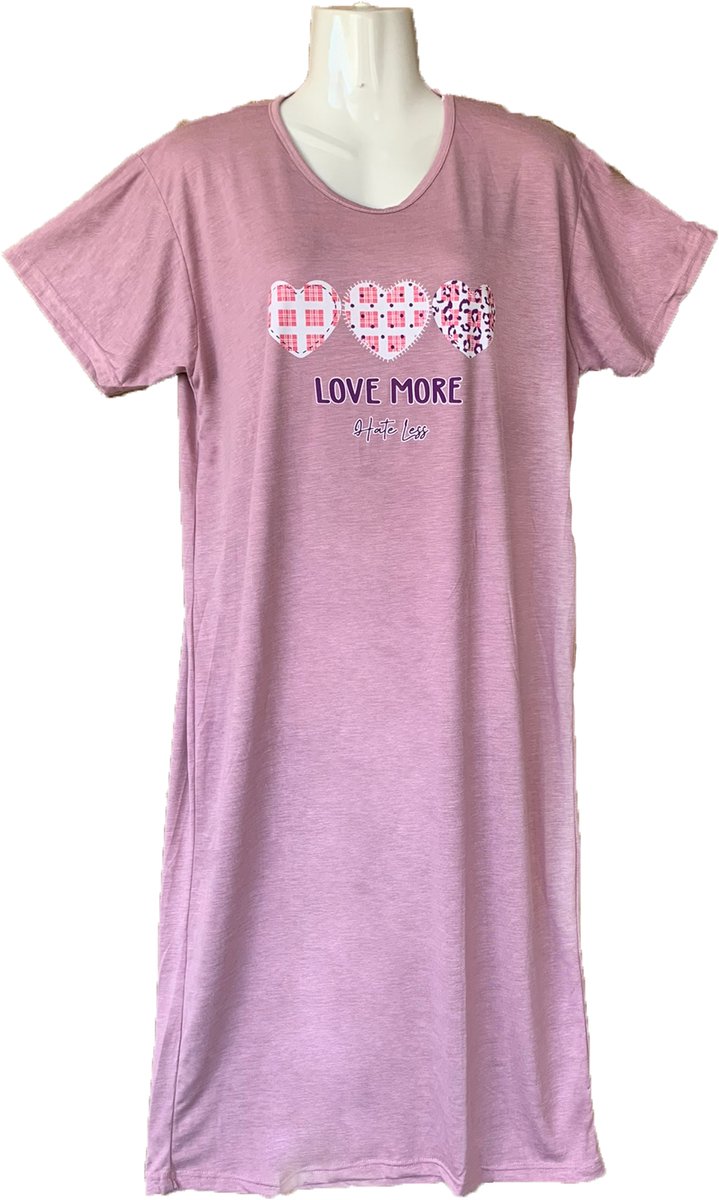 Big Shirt Dames Nachthemd Katoen Driekwart - Kleur Roze met Hartjes Print - Maat XXL