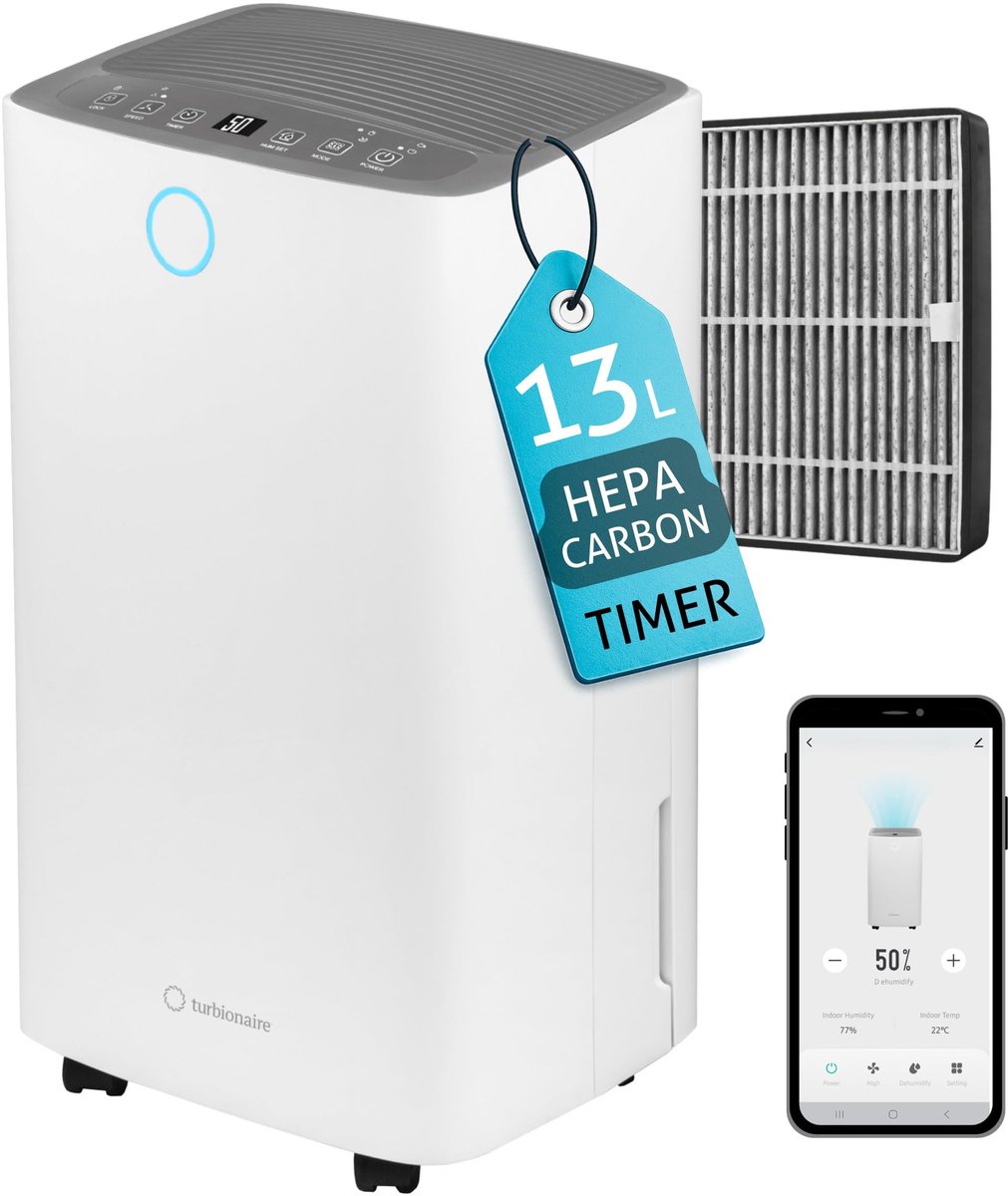 SnelShoppen - Turbionaire SENSO 13 WIFI Clean Ontvochtiger en Luchtreiniger, 13L/24u, HEPA + Koolstoffilter, Wifi, Stil 36 dB, 2L Reservoir, 120 m³/u,