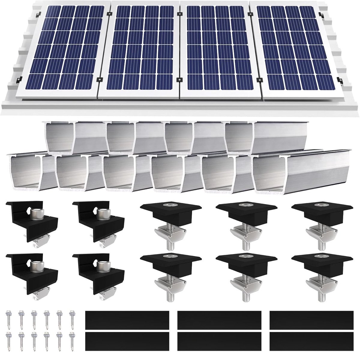 Montagesysteem voor platte daken, zonnepanelen bevestigen op bitumen, aluminium kit voor 4 PV-modules