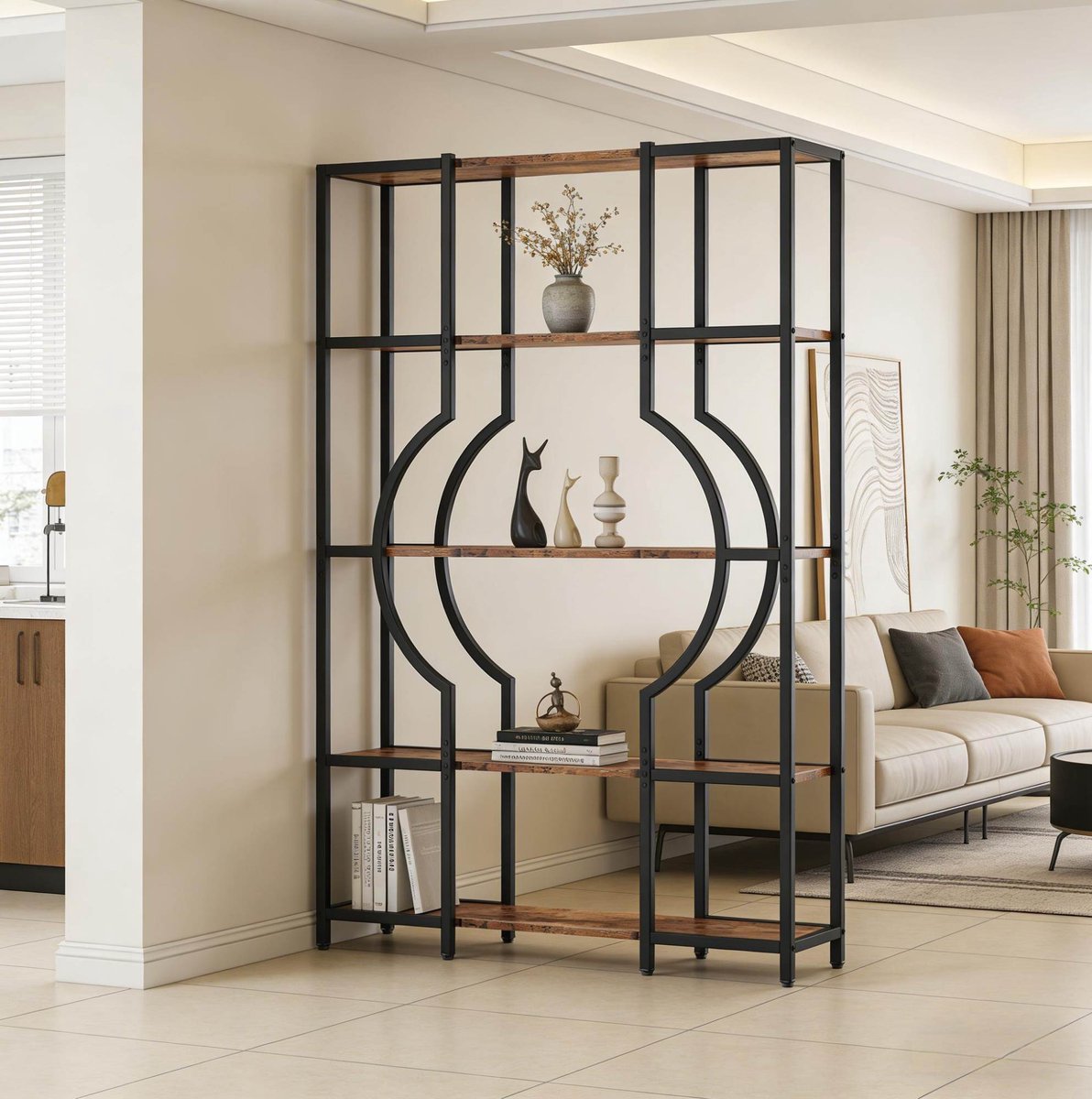 Boekenkast Open 5-Laags Vintage Van Metaal En MDF - Zwart En Rustiek Bruin - 169 Cm Hoog - Voor Woonkamer En Werkruimte