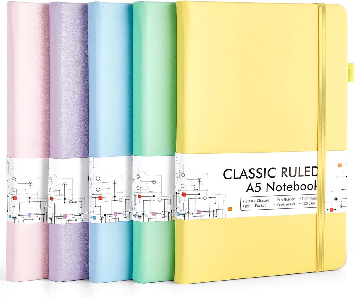 SnelShoppen - Notitieboek A5 Set van 5 Gelinieerde Hardcover Notitieboeken met 5 Zwarte Gelpennen, 120 GSM, 13x21cm, Kantoor, School, Kinderen, Kleurr