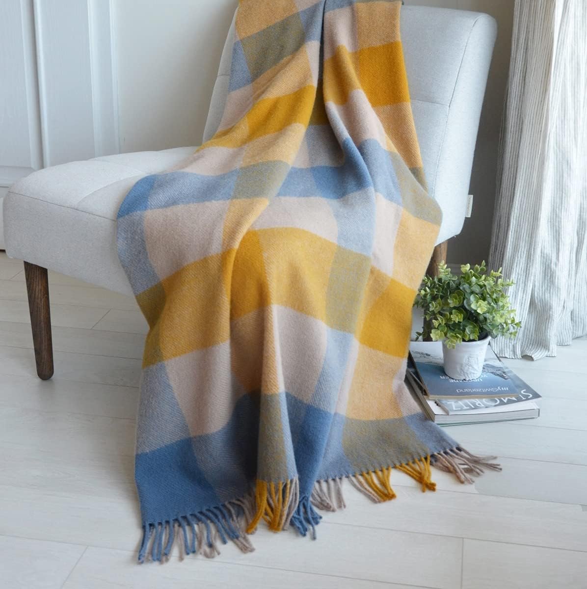 SnelShoppen - Zachte warme deken 130x170 cm, kleurrijke wollen plaid, Bolivia stijl, 100% puur Nieuw-Zeeland, beige, crème, mosterdgeel, blauw - ideaa
