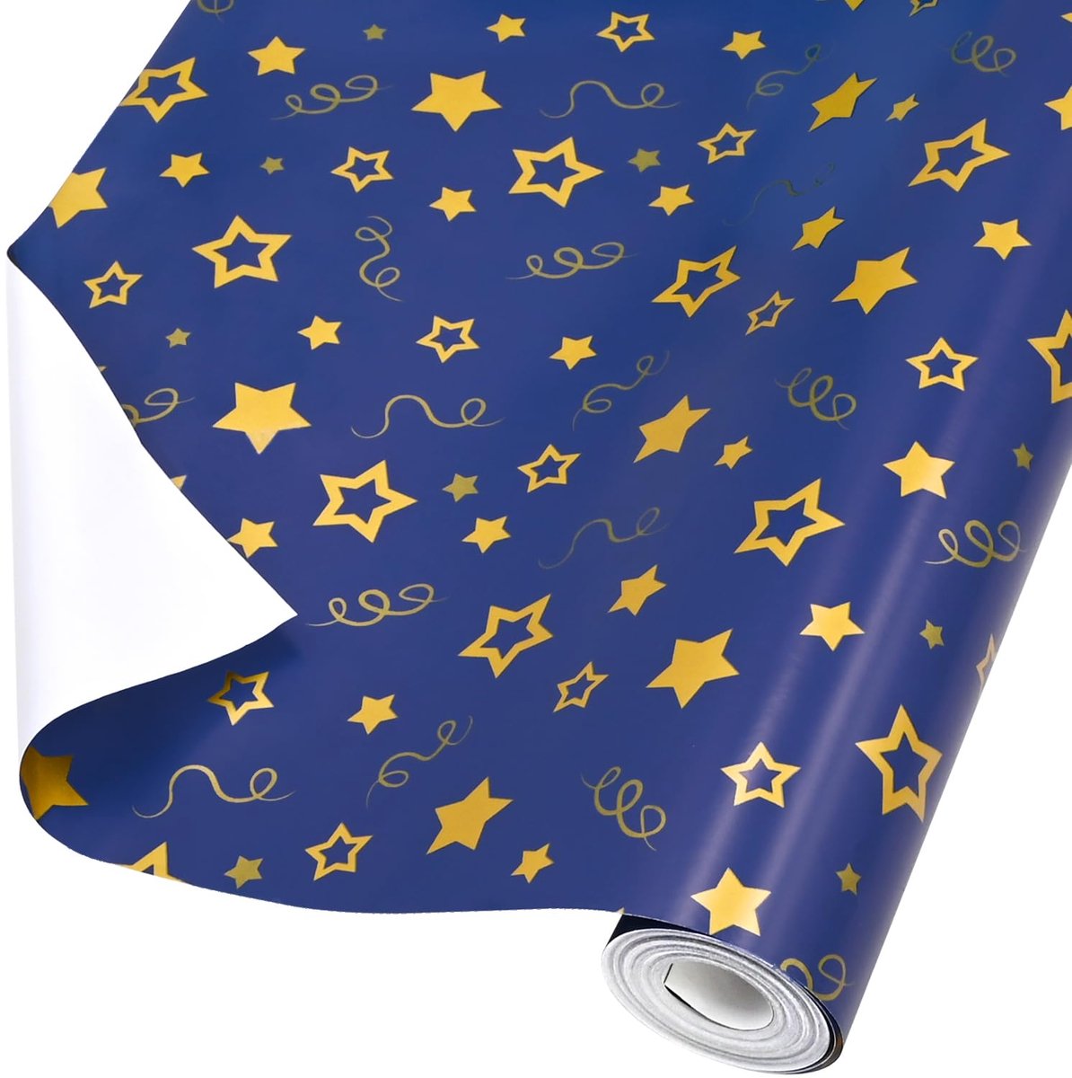 SnelShoppen - Rol cadeaupapier 12 m goudkleurig marineblauw 100% recyclebaar voor feest, verjaardag, kerst, luxe uitstraling, 43 cm breed