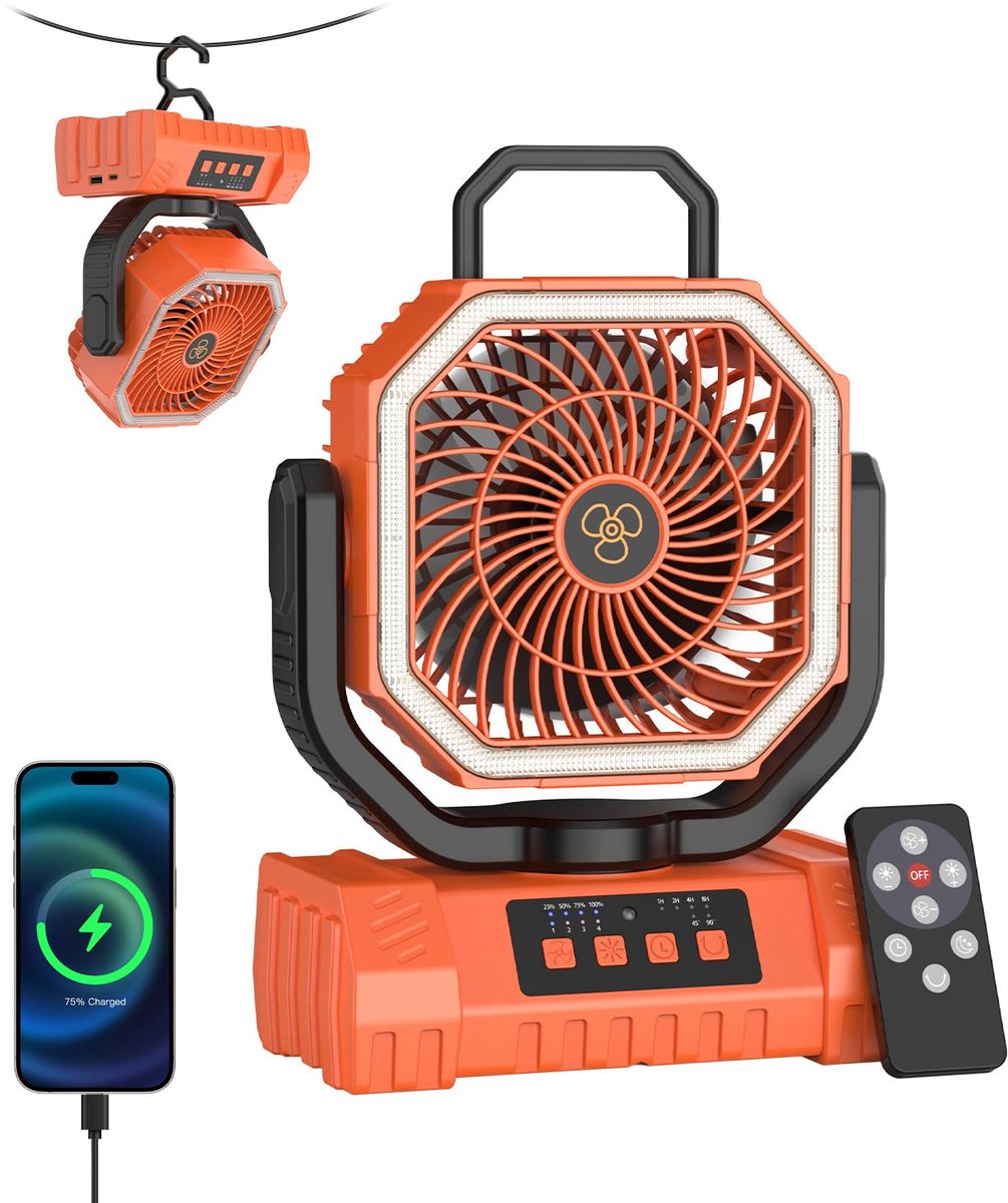 SnelShoppen - Draagbare Campingventilator 20.000 mAh met USB C, 4 Snelheden, Timer 1-8 Uur, 2 Draaihoeken (45°/90°), LED Lamp 3 Niveaus - Ideaal voor