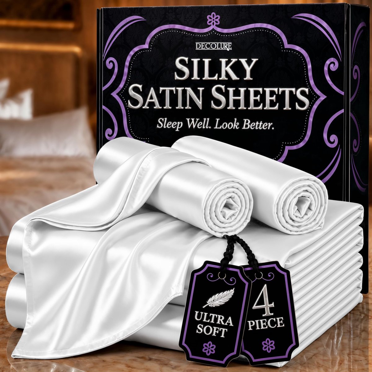 SnelShoppen - Luxe Satijnen Lakens Set 4-delig, Zijdeachtig Beddengoed, Kreukvrij, 38 cm Diepe Omslag, Volledige Grootte, Wit, Perfect voor Haar en Hu