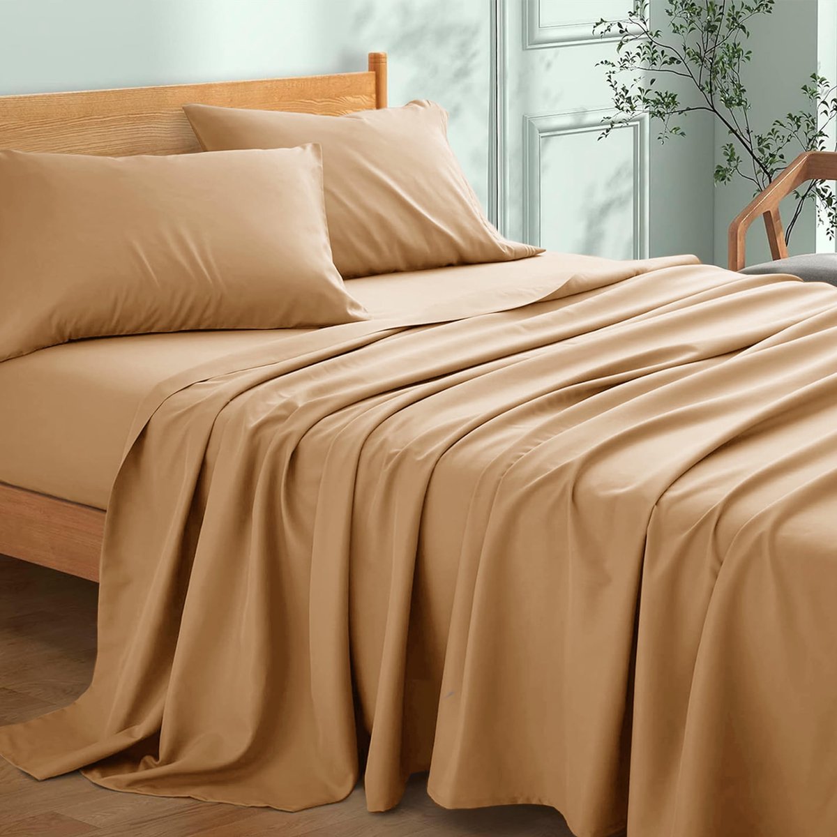 SnelShoppen - Premium zacht plat laken 100% Egyptisch katoen, 300TC hotelkwaliteit, lichtbestendig beddengoed, beige, tweepersoonsbed (230 x 255 cm)