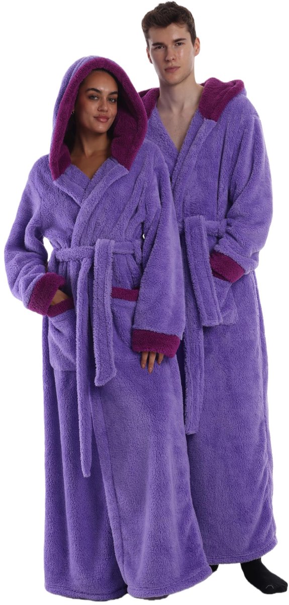 SnelShoppen - Badjas voor dames en heren met capuchon, 2 zakken, riem, lange katoenen sauna-ochtendjas, lila, 4XL Grote maten Extra Tall voor douche,