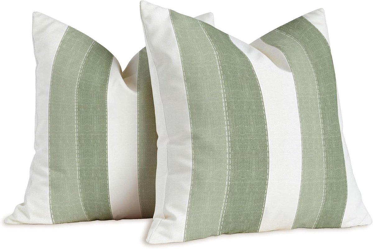 Brylleii Kussenhoezen, 2 strepen, decoratief, 40 x 40 cm, modern, wit, saliegroen, linnen, decoratief retro-kussen - ShopVlot
