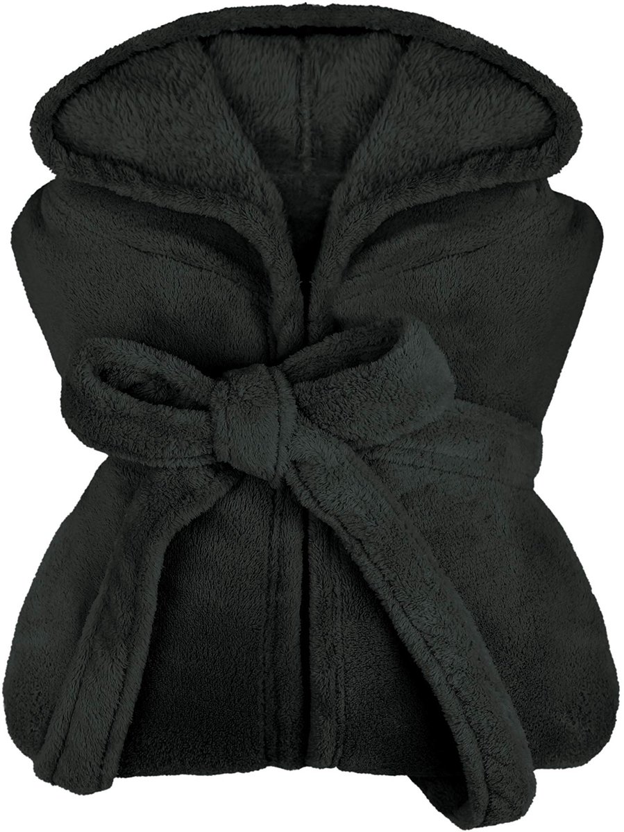SnelShoppen - Extra zachte badjas met capuchon van knuffelfleece, kuitlang, uniseks, zwart, L, moderne kleuren, perfecte loungewear voor thuis en well