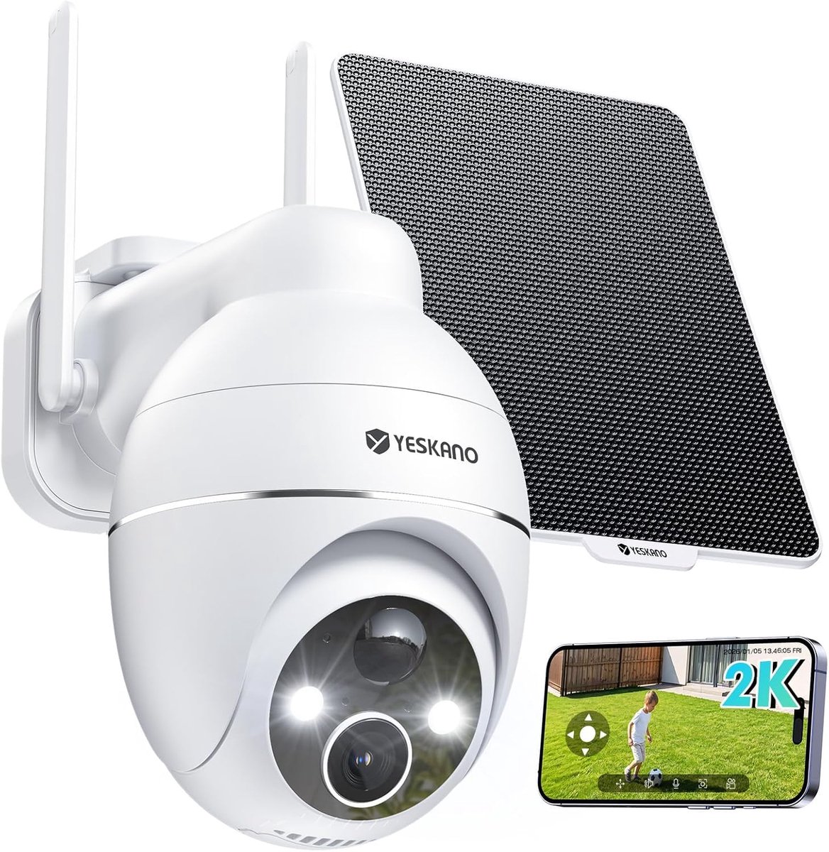SnelShoppen - 2K Bewakingscamera Buiten op Zonne-energie, Draadloze 2.4 GHz Wifi Outdoor Camera met 360° PTZ, Nachtzicht, PIR-detectie, 2-weg Audio, I