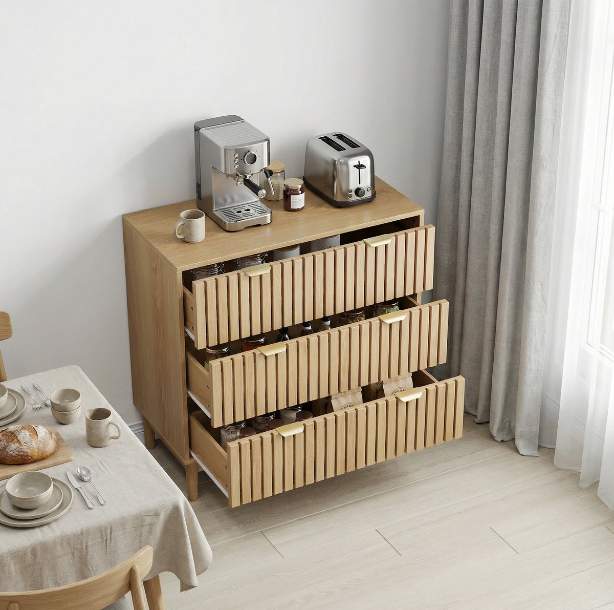 DESMIU Dressoir - Moderne Ladekast Met 3 Lades - Opbergkast Voor Woonkamer Slaapkamer En Hal - MDF En Spaanplaat - 80x39x80 Cm - Eikenkleur