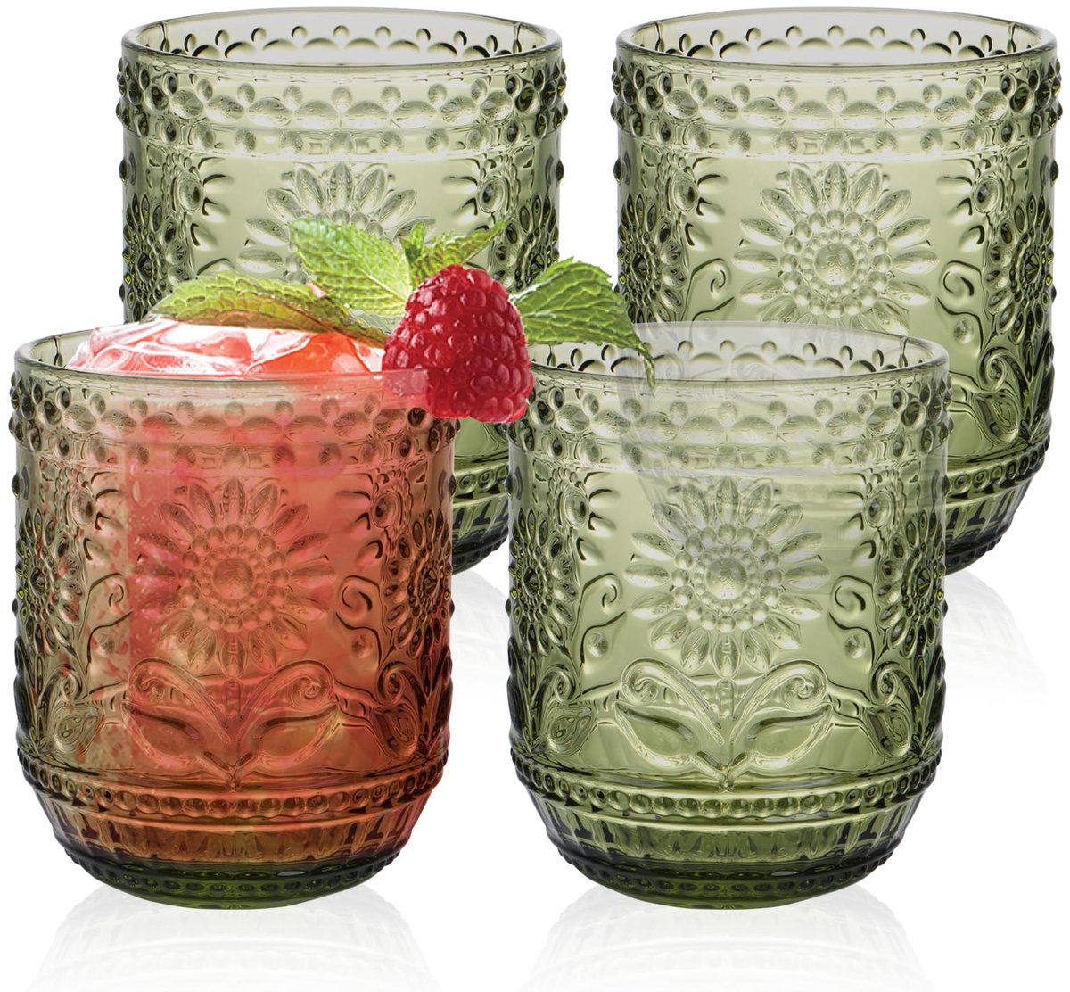 SnelShoppen - Vintage waterglazen set van 4, kleurrijke drinkglazen, 380 ml, vaatwasmachinebestendig, modern bloemendesign voor feesten, camping, dage