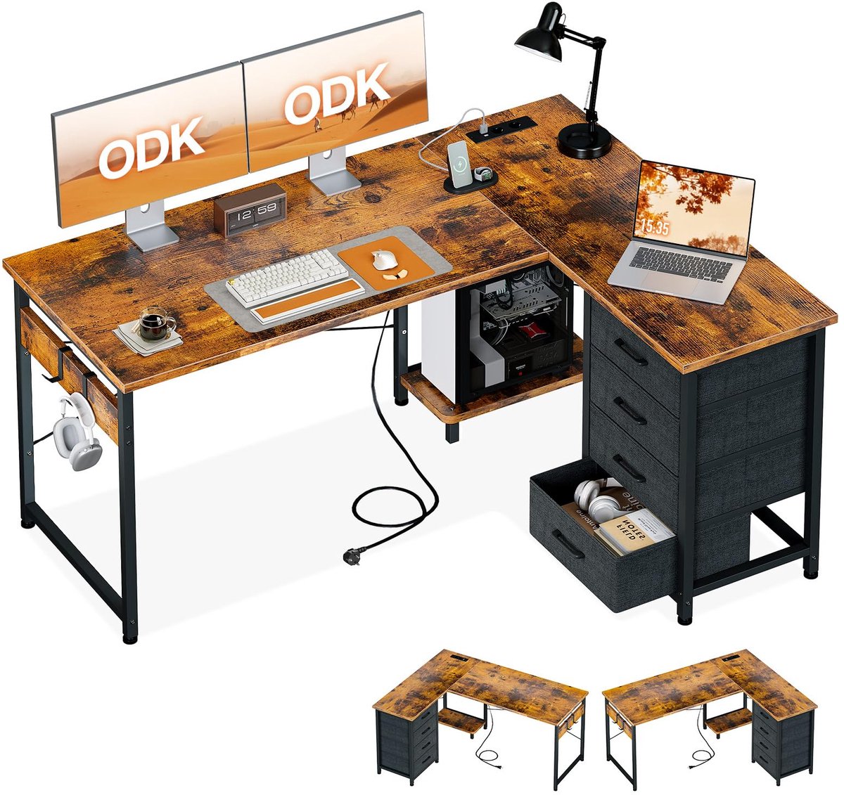 SnelShoppen - ODK Hoekbureau L-vormig 135x100cm met Lades, Vintage Bruin, Bureau met Stopcontacten en USB-Oplaadpoort voor Thuiskantoor, Omkeerbaar en