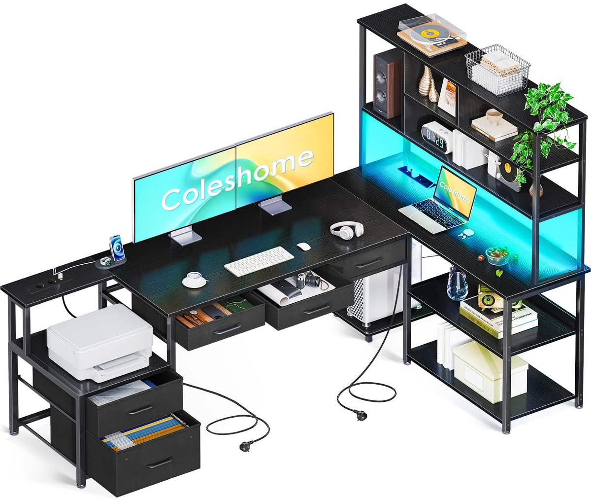 SnelShoppen - Coleshome Hoekbureau met 5 Lades, 4 Planken, 180x100cm L-vormig Bureau met LED Verlichting, Stopcontacten & USB, Zwart voor Thuiswerken