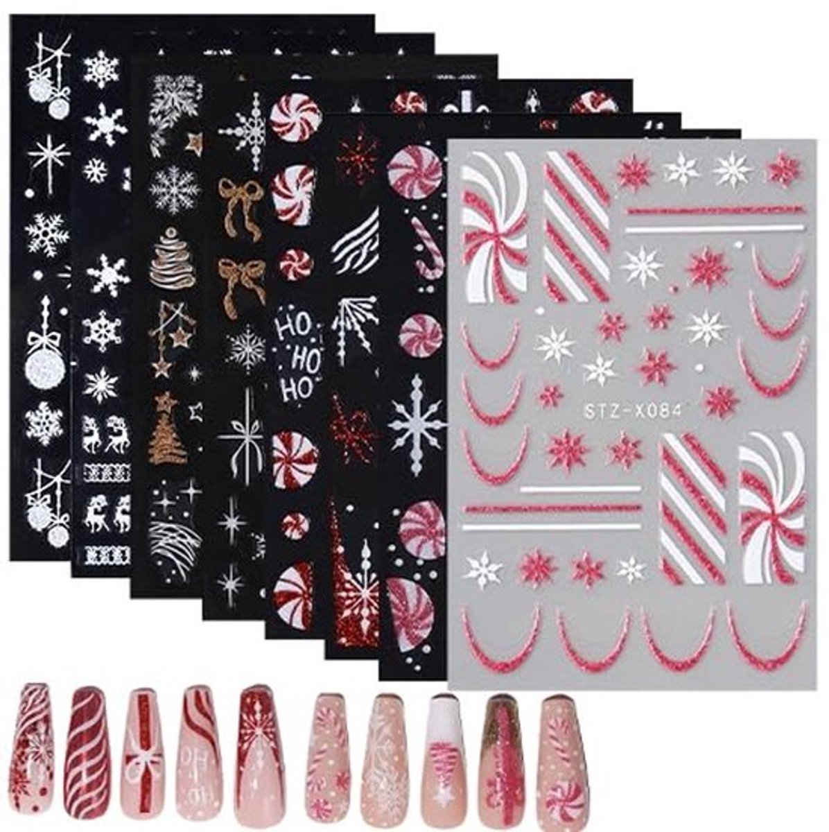 Nagelstickers Kerstmis - 3D-nagelstickers - Nageldecoratie - DIY manicure - 8 vellen - Winter thema - Sneeuwvlokken/kerstballen